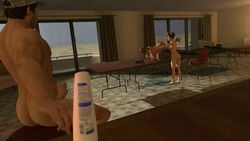 1boy 2girls 3d ass baseball_cap ellis_(left_4_dead) erect_nipples excella_gionne garry's_mod handjob holding_penis left_4_dead left_4_dead_2 lube_bottle marm nmnf resident_evil resident_evil_5 spanking watching zoey_(left_4_dead)