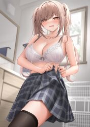 amber_eyes blush bra breasts brown_eyes brown_hair cleavage fang female hair_ribbon high_resolution indoors large_breasts long_hair monaka_curl open_mouth original skirt solo solo_female thighhighs thighs twintails two_side_up undressing white_bra window