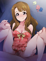 black_eyes blush breasts brown_hair censored clothed_sex clothing collarbone dress female highres human idolmaster idolmaster_million_live! kaiga legs licking_lips long_hair looking_at_viewer lying male medium_breasts miyao_miya panties panties_aside penetration penis pussy sex smile spread_legs straight sweat thighs tongue tongue_out underwear vaginal_penetration