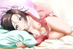 1girls absurd_res bed breasts hoodie kimmy77 looking_at_viewer lying lying_on_bed messy_hair nipples nude nude_female ruby_rose rwby smile smiling smiling_at_viewer solo_female