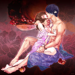 1boy 1girls =@= bandage blush breasts brown_hair crack_pairing dark_purple_hair eye_patch female food french_kiss fruit full_body gintama hair_down kimono kissing male nipples open_clothes open_kimono pomegranate purple_hair scratches scratching shimura_tae sitting sitting_on_lap sitting_on_person small_breasts sweat takasugi_shinsuke thigh_grab toned_male yonic_symbol