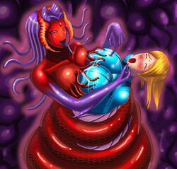 2girls blonde_hair blush breasts closed_eyes female hand_on_chin hug huge_breasts interspecies lamia long_tongue medusa metroid multiple_girls nintendo nipple_pinch open_mouth ponytail rape samus_aran snake svoidist sweatdrop tentacle tied_hair tongue tongue_out two_tone_skin yuri zero_suit