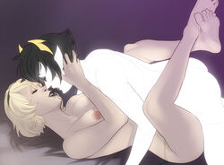 1futa 1girls ass black_hair black_lips black_lipstick blonde_hair breasts canon_couple closed_eyes doxolove face_to_face fangs female female_only futa_on_female futanari hairband happy happy_sex homestuck horns kanaya_maryam leg_lock lipstick married married_couple missionary ms_paint_adventures naked nipples penetration pointy_ears precum pussy_juice rose_lalonde short_hair smile toned troll webcomic white_skin wife_and_wife yellow_eyes