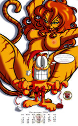 2009 anthro anya_uribe assesina avengers breasts catsmeow christmas crossover english_text garfield_(series) garfield_the_cat green_eyes humanoid long_hair looking_at_viewer marvel nipples nude orange_hair smile spread_legs spreading text tigra white_background