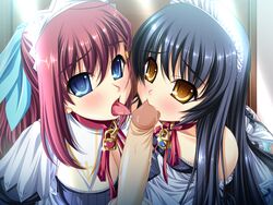 2girls black_hair blue_eyes blush breasts collar goshujinsama_daisuki multiple_girls murakumo_sakura penis red_hair shishiouin_hime tongue zettai_maou