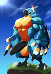 alternate_version_at_source anthro balls bastroceive beak biceps big_balls big_muscles big_penis black_penis blue_feathers breath_of_the_wild claws countershading english_text erection feathers full-length_portrait grass heart humanoid_penis kass_(zelda) magangz male male_only muscular muscular_male nintendo nipples nude pecs penis portrait rito simple_background solo standing text the_legend_of_zelda video_games yellow_feathers