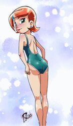 1girls animated artist_name ass ben_10 clothed female female_only gwen_tennyson hairclip looking_at_viewer looking_back nude one-piece one-piece_swimsuit orange_hair pants panty_peek partially_clothed playful short_hair solo swimsuit tagme tongue tongue_out