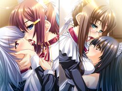 4girls bed black_hair blue_eyes blue_hair blush brown_eyes brown_hair collar cum everyone female glasses goshujinsama_daisuki ichijou_ema kuu_spitfire maid multiple_girls murakumo_sakura red_eyes red_hair shishiouin_hime snowballing tongue yuri zettai_maou