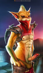 balls bounty_hunter_(dota) dota dota_2 erection feline genital_piercing gondar_the_bounty_hunter hi_res humanoid_penis looking_at_viewer male male_only mammal muscular muscular_male naughtyrodent penis penis_piercing piercing precum prince_albert_piercing solo valve video_games