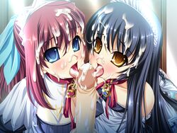 1boy 2girls 4:3 black_hair blue_eyes blush breasts collaborative_fellatio collar cum cum_in_mouth cum_on_tongue fellatio goshujinsama_daisuki multiple_girls murakumo_sakura oral penis red_hair shishiouin_hime teamwork tongue zettai_maou