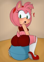 2018 amy_rose anthro ass big_butt bike_shorts blush breasts bubble_butt cameltoe clothed clothing colored eyelashes female footwear green_eyes hair hairband hearlesssoul hedgehog hi_res legwear long_socks looking_at_viewer looking_back mammal open_mouth pink_hair pussy shoes short_hair shorts simple_background solo sonic_(series) spandex stockings surprise sweat tight_clothing video_games white_background yoga_ball