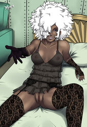 afro beckoning bed breasts dark-skinned_female dark_skin female fingerless_gloves fishnet_legwear fishnets garter_belt garter_straps gloves highres lingerie lips lipstick makeup nail_polish negligee nipples no_more_heroes on_bed outstretched_hand purple_eyes pussy radprofile ramiro_de_la_cruz see-through sheer shinobu_jacobs sideboob solo thighhighs uncensored underwear white_hair