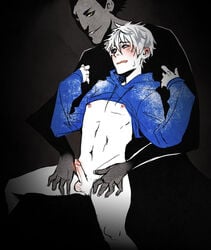 2boys bottomless gay jack_frost male male_only nipples penis pitch_black rise_of_the_guardians shirt_lift white_hair yaoi