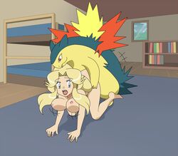 1boy1girl 1girls allie_(pokemon_ecchi) bestiality blonde_hair blue_eyes bookshelf bouncing_breasts bunk_bed feral_on_female hinoarashi indoors long_hair male_pokemon/female_human medium_breasts naked nipples nude nude_female open_mouth pokemon pokemon_(species) pokemon_ecchi pokephilia straight_hair tagme typhlosion