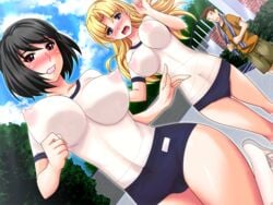 1boy 2girls areolae black_hair blonde_hair bloomers bodypaint breasts buruma curvy embarrassed embarrassed_nude_female enf erect_nipples exhibitionism female female_with_female hair large_breasts male male_with_female multiple_girls nipple_bulge nipples painted_clothes rakujin running saimin_shuuchi_roshutsu_2 see-through see-through_clothing see-through_top staring w_arms will_tame