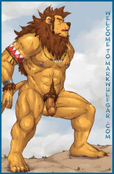 1boy abs anthro balls biceps ear_piercing feline fur jewelry lion male male_only markwulfgar muscles necklace nipple_piercing nipples pecs penis piercing solo tribal uncut western_art