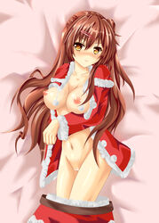 blush breasts brown_hair censor_bar censored chuunibyou_demo_koi_ga_shitai! female hair_ornament hairclip nibutani_shinka nipples no_bra no_panties one_side_up open_clothes open_shirt pointless_censoring pussy santa_costume skirt skirt_pull yellow_eyes