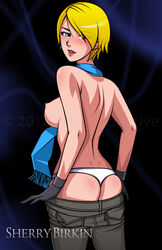 anus ass blonde_hair blue_eyes breasts dat_ass falcon-creative female female_only gloves human nipples panties posing resident_evil resident_evil_6 scarf sherry_birkin short_hair solo thong