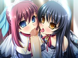 2girls black_hair blue_eyes blush breasts collar goshujinsama_daisuki multiple_girls murakumo_sakura penis red_hair shishiouin_hime tongue zettai_maou