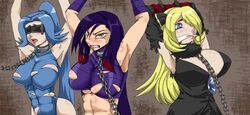 3girls arms_up blindfold blonde_hair blue_eyes blue_hair blush bondage chains clair_(pokemon) cleave_gag collar cynthia_(pokemon) female female_only femsub gag gym_leader human human_only humiliation kitsune-tsuki_(getter) long_hair lucy_(pokemon) multiple_females multiple_girls multiple_subs pokémon pokemon pokemon_champion pokemon_dppt pokemon_gsc pokemon_rse purple_hair slave torn_clothes yellow_eyes