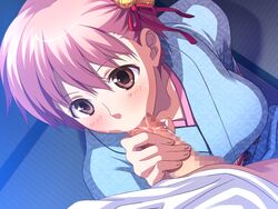 arte_(artemisia_mesembryanthemum_criniflorus) blush censored cosscos!_~anatagonomi_no_cosplay_h_shite_ageru~ fellatio game_cg hair hamashima_shigeo oral penis purple_eyes purple_hair tagme