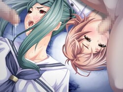 2boys 2girls blush brown_eyes censored cum cum_in_mouth fellatio forced_oral game_cg gentle_sasaki green_hair hair hayami_arisu kansen_(series) kansen_2 multiple_girls nagasaki_chihiro oral penis rape red_eyes school_uniform tears two_on_two