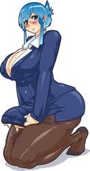 1futa 1girls ass blue_hair blush breasts bulge business_suit cleavage clothing color cropped curvaceous curvy erection erection_under_clothes eyewear feet female fingernails formal futanari genital_fluids glasses huge_ass huge_breasts intersex jacket long_fingernails nail_polish nezumi office_lady original pantyhose pencil_skirt penis penis_in_pantyhose pixiv plump precum simple_background skirt skirt_suit solo suit thick_thighs thighs toes unwanted_erection