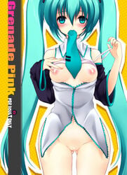 1girls areolae bandaid bandaid_on_pussy bandaids_on_nipples blue_eyes blue_hair blush bottomless bra bra_lift breasts detached_sleeves female hatsune_miku juna lingerie long_hair mouth_hold necktie no_panties open_clothes open_shirt pasties shirt solo tied_hair twintails underwear vocaloid