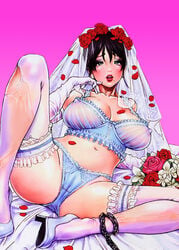 1girls blush bra bride chains female green_eyes highres lingerie lipstick makeup panties solo spread_legs tears thighhighs thunderthighs underwear wedding_dress yamashita_shun'ya