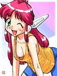 cute_fang down_blouse green_eyes ikurumi_kaoru magenta_hair natsume_atsuko nipple_slip nipples nuku_nuku open_mouth pink_hair robot_ears wink