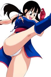 2d black_eyes black_hair breasts chichi chichi_(dragon_ball) dragon_ball dragon_ball_(classic) female female_only full_color gloves highres human injury kick kicking no_penetration open_mouth panties scar scratches simple_background smooth_skin solo solo_female torn_clothes underwear