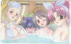 4girls bath blonde_hair blush breasts brown_eyes brown_hair female female_only large_breasts long_hair maburaho multiple_girls nipple onsen pink_hair purple_hair towel water wink