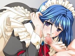 blue_hair censored cum cum_on_clothes cum_on_face facial handjob himenomiya_noel ijicare long_hair maid maid_headdress maid_uniform mizoro_tadashi oral patty_(ijicare) penis purple_eyes short_hair smile