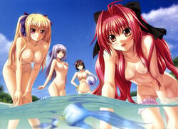 4girls beach beach_ball blonde_hair breasts cleavage corticarte_apa_lagranges fish hyperdimension_neptunia kannatsuki_noboru multiple_girls nude_filter ocean photoshop red_hair shinkyoku_soukai_polyphonica tsuge_eufinley uncensored water wet yugiri_perserte yugiri_princesca