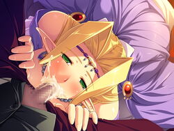 :>= beads blonde_hair blush censored christina_rothschild cum cum_in_mouth dress dutch_angle earrings elf ernest_fortunato fellatio female from_above game_cg green_eyes hair himekishi_angelica huge_ass ishigaki_takashi jewelry long_hair necklace open_fly oral penis pov