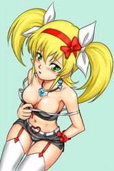 blonde_hair blush earrings green_eyes jewelry shishidou_nami shorts sora_wo_kakeru_shoujo tied_hair twintails undressing