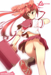 black_legwear black_socks bow briefcase copyright_request feet footwear hair_ribbon hairbow io_takuya long_hair looking_back miniskirt motion_blur no_panties no_pussy novagina open_mouth pleated_skirt pussy red_eyes red_hair ribbon school_uniform serafuku shoe_soles shoes skirt sneakers socks soles uncensored upskirt very_long_hair