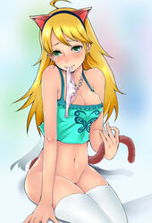 1girls animal_ear blonde_hair blush bottomless breasts cleavage erect_nipples female green_eyes highres hoshii_miki idolmaster large_breasts long_hair mouth_hold nakasone_haiji navel no_panties panties panties_in_mouth panties_off panties_removed pussy sitting solo tail thighhighs uncensored underwear white_legwear white_thighhighs