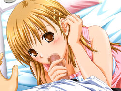 1boy 1girls adjusting_hair barrette bed blonde_hair blush brown_eyes censored fellatio hair hair_ornament hairclip hetero long_hair looking_at_viewer nekonyan oral penis raspberry_(game) solo_focus source_request yuzuki_sanae