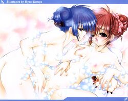 blue_hair bow breast_grab breasts bubbles female fingernails frame highres multiple_girls nail_polish nude red_hair saliva sheep yuri