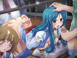 angry arms_behind_back ass ass_grab bent_over bent_over_table blue_eyes blue_hair blush bondage bottomless breasts breasts_out brown_hair censored character_request clothed_sex cum cum_on_hair dai_(series) daibanchou doggy_style facial fellatio forced_oral from_behind glasses hand_on_head long_hair oral penis public_use rape sex slave tongue uniform