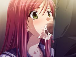 blush censored cum cum_in_mouth cumdrip ejaculation fellatio green_eyes irrumatio long_hair matsubara_yui metro_chikan-sen oral overflow penis pink_hair red_hair school_uniform serafuku tears