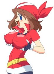 big_breasts blue_eyes blush breast_hold breasts brown_hair female female_only human human_only large_breasts long_hair lowres may_(pokemon) nintendo open_mouth pokemon pokemon_rse red_bandana solo straight_hair tchonpo tsumitani_daisuke