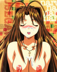 antenna_hair blush breasts brown_hair closed_eyes cross cum cum_on_body cum_on_breasts cum_on_tongue cum_on_upper_body facial jewelry long_hair love_hina narusegawa_naru necklace nude tongue