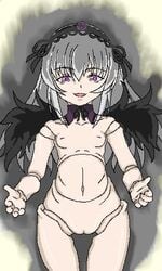 doll doll_joints lowres nude purple_eyes pussy rozen_maiden silver_hair suigintou wings