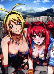 2girls artist_request blonde_hair blush breasts brown_eyes chousen_(ikkitousen) cleavage female female_only fingerless_gloves gloves hairband ikkitousen jewelry kanpei large_breasts magatama multiple_girls necklace pointy_chin red_hair school_uniform smile tied_hair torn_clothes twintails