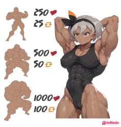 abs armpit bare_arms bare_shoulders bea_(pokemon) blush bodysuit clothing color dark-skinned_female dark_skin female_focus game_freak grey_hair gym_leader muscle_growth muscular_female nintendo pokemon pokemon_ss pokemon_trainer short_hair solo_female sweating tanned_skin