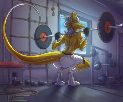 6:5 anthro ass athletic athletic_anthro athletic_male athletic_wear barbell barbell_squats bottomwear clothed clothing crouching dragon european_mythology fingerless_gloves gloves gloves_(marking) gold_scales gym gym_bottomwear gym_shorts hair handwear horn leg_markings liervey looking_at_viewer looking_back looking_back_at_viewer male markings mythological_creature mythological_scalie mythology partially_clothed raised_tail ripli scalie shorts silver_hair smile socks_(marking) solo sport tail western_dragon