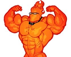 balls bara big_muscles big_penis fire fire_humanoid flexing glasses grillby male male_only muscles muscular nude penis ripped-saurian solo solo_male undertale