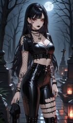 ai_generated black_hair cemetery choker cleavage collar earrings fishnets goth goth_girl graveyard jewelry leather leather_pants moon night original_character piercing red_eyes straps tattoo tight_clothing